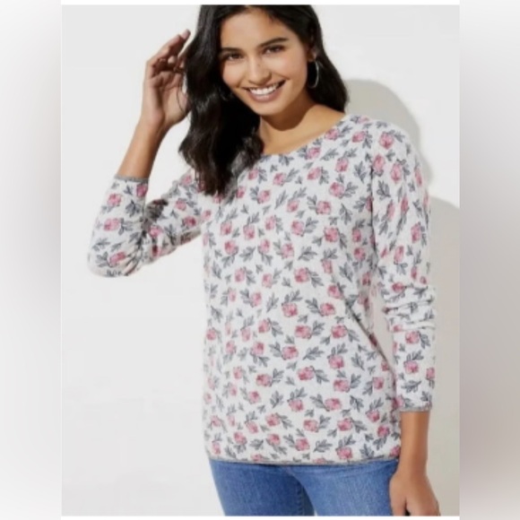 NWT-Loft Floral Tipped Pullover Crew Neck Sweater - Picture 1 of 6